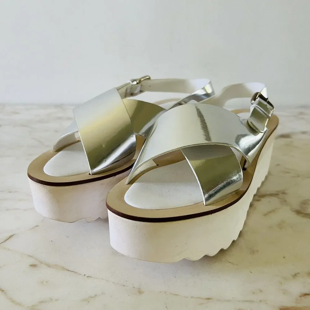 ZARA Glossy Silver White Faux Leather Cris-Cross Platform Sandal- EU 37 / US 6.5
